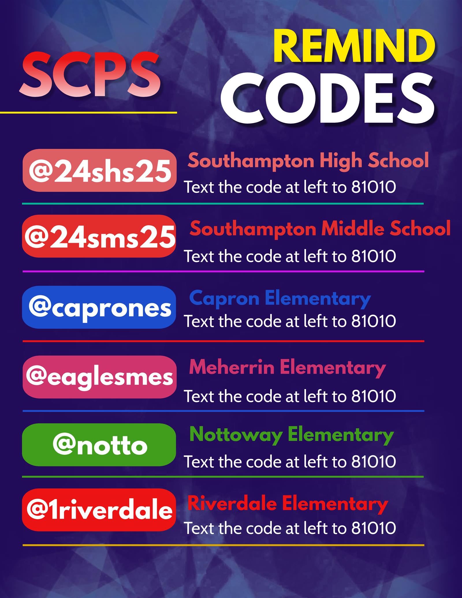  See attached article for screen-readable Remind codes list. 